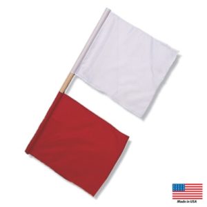Blazer Athletic red square flag on one side of wood dowel and white square on bottom of wood dowel.
